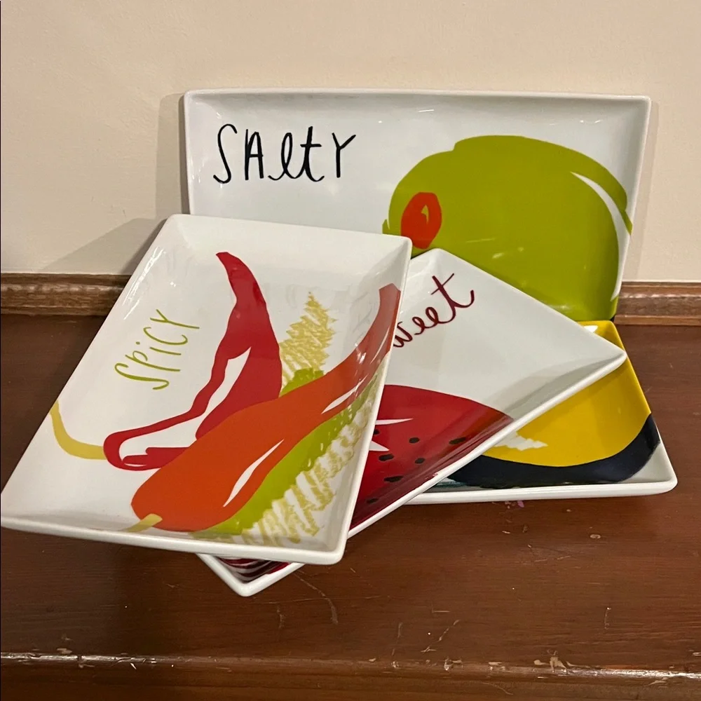 Crate&Barrel Vintage Colorful Appetizer Plates Set with Taste Bud Notes (4)